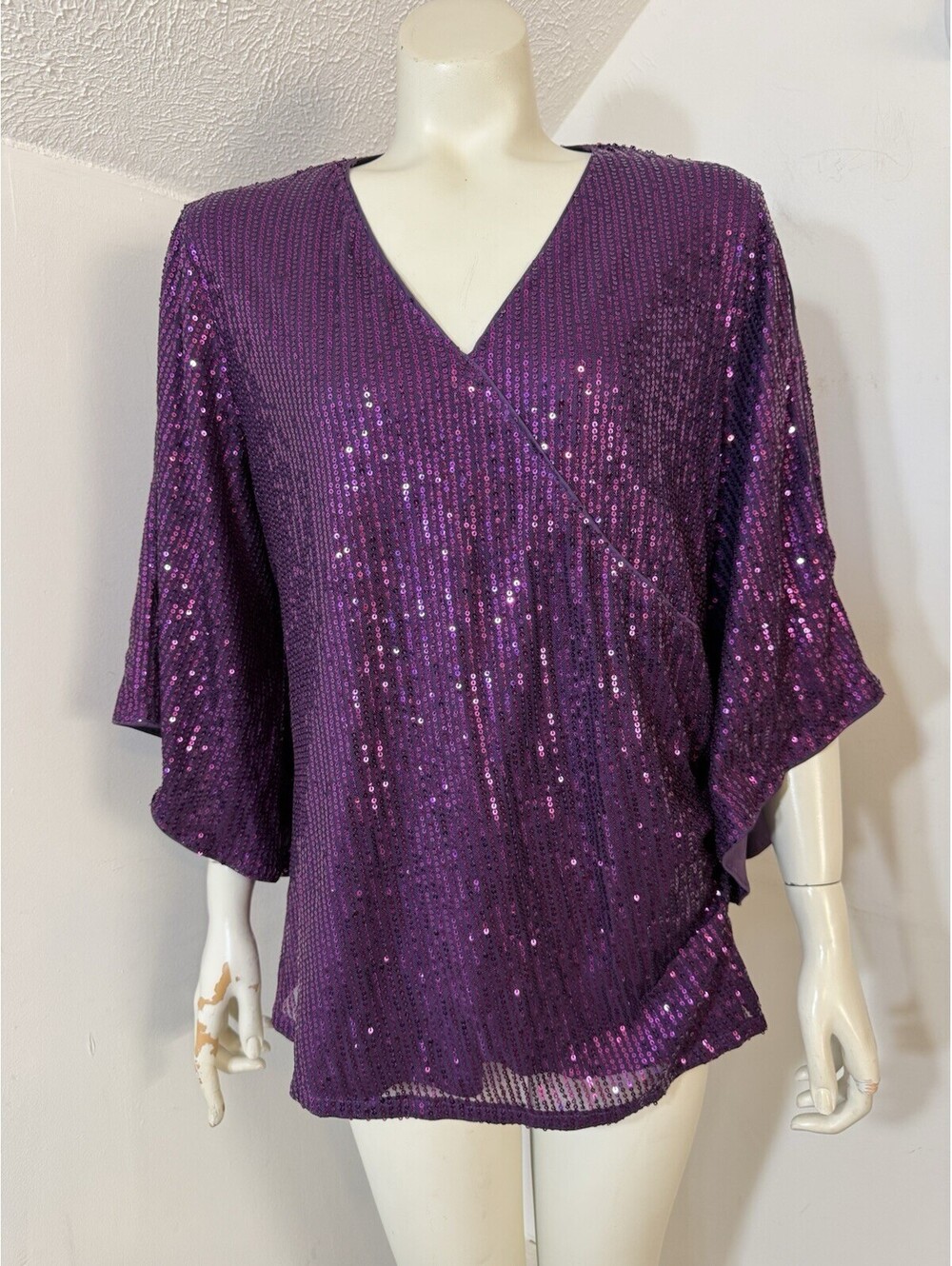 Grace Karin New XL Dressy Top Purple Sequins 3/4 Split Sleeves Side Ruching Vnec